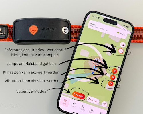 Die verschiedenen Funktionen auf der App für das Weenect XT GPS-Halsband