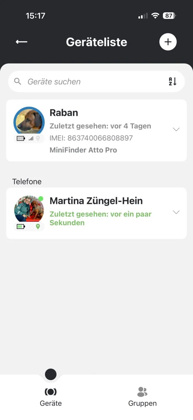 Unter dem Menüpunkt "Geräte" wird der Atto Pro-Tracker angezeigt und mein Smartphone